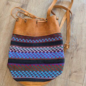 Handwoven Textile & Leather Backpack | Artisan Boho Drawstring Bag